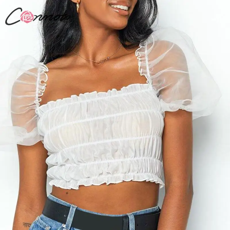 Conmoto Short Sexy White Blouse Mesh Women Crop Top Shirt Puff Sleeve Shirts Winter 2019 Casual Blusa Mujer |