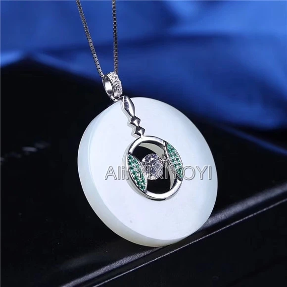 Beautiful Real 925 Silver White HeTian Jade 35mm Round Buckle Lucky Pendant + Free Necklace Fine Jewelry Certificate | Украшения и