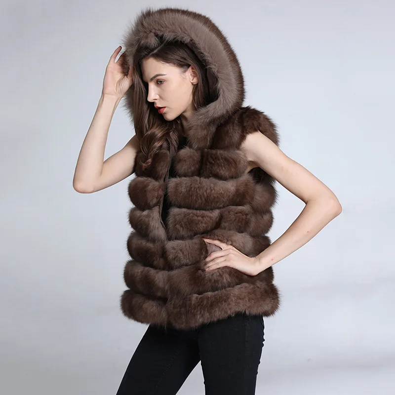 Роскошный женский жилет из натурального Лисьего меха с толстовкой съемный