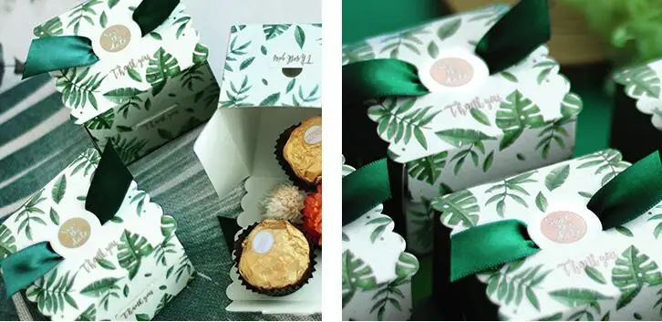 100 шт белый и зеленый Monstera deliciosa листья спасибо Свадебные сувениры коробки конфет giveaways коробка, коробка с шоколадом вечерние подарочные коробки
