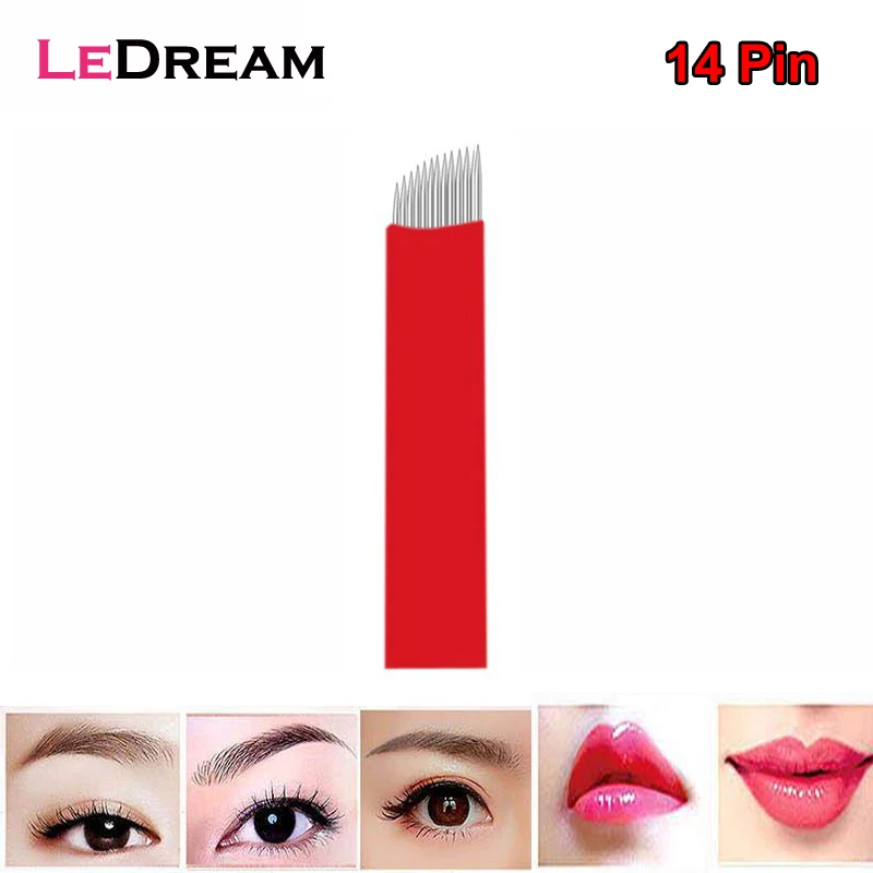 

20PCS/lot Red 14 Pin Slant Microblading Tattoo Needles Micro Blades Cartridges Tips For Permanent Eyebrow Makeup Manual Pen