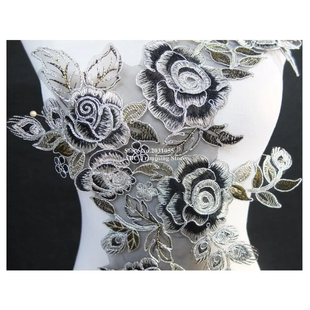 15pcs/lot x Long Silver/Black Rose Flower Embroidery Lace Appliques Collar on Organza Dance Dress Costume Wedding DECOR TBNC117B | Дом и сад