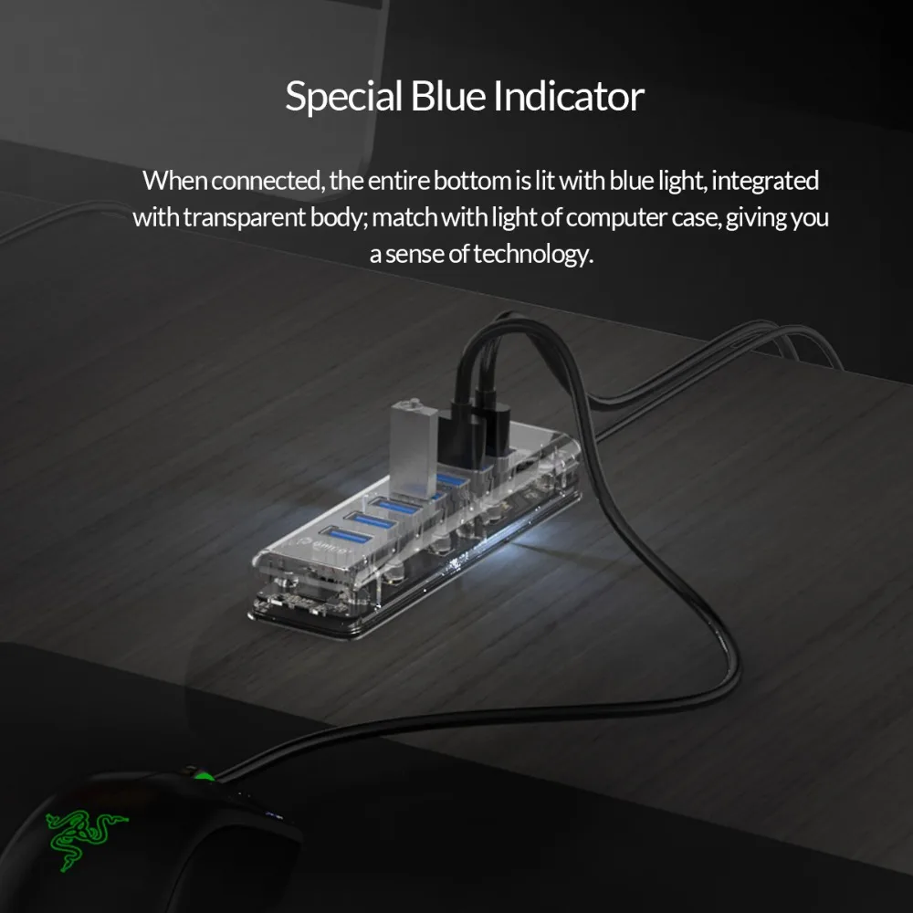 ORICO Прозрачный USB 3,0 концентратор с двойным портом питания 7 портов высокоскоростной портативный USB3.0 сплиттер OTG адаптер для настольного ПК
