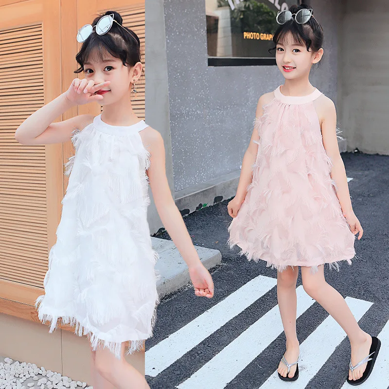 VYU Girls Dresses 4~14 Yrs Children Clothing Summer 2020 Cotton O-Neck Strap Princess Dress Feather Tassel Sweet Vestido | Детская