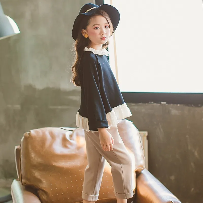 Teenage Children's Clothing Set Autumn Girls Fashion Pants Suit 2 Pcs Ruffles Tops Sweatshirts And Long Trousers Clothes Sets | Детская