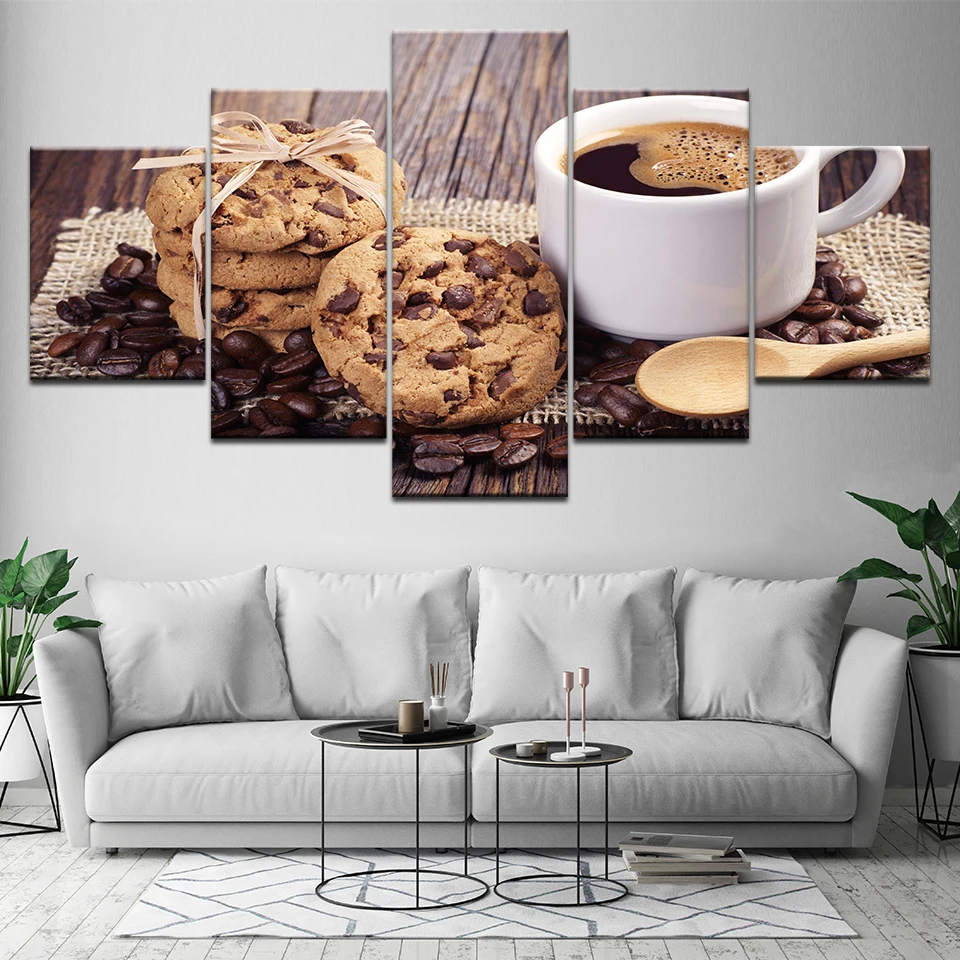 

Home Decor Modern Room Wall HD Prints 5 Pieces Coffee Cup Dessert Cookies Poster Modular Canvas Paintings Art Framework Pictures