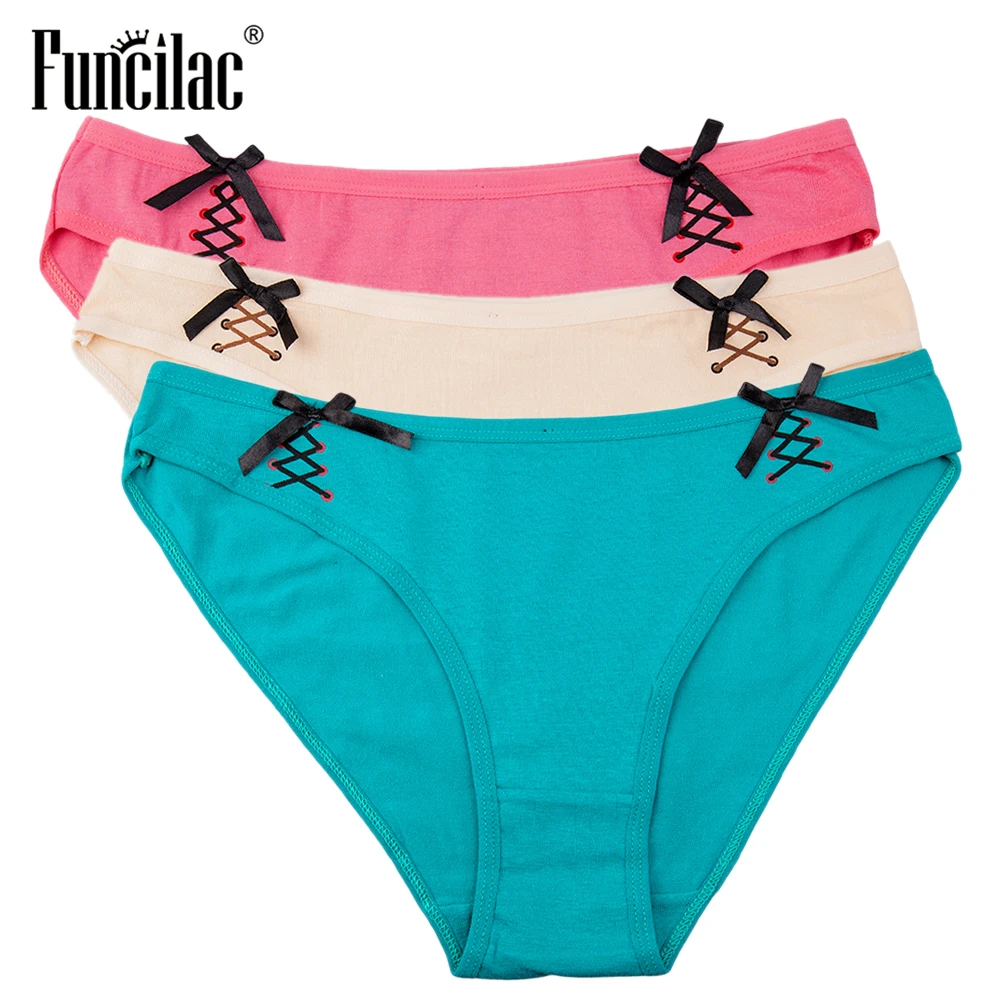 Женские хлопковые трусы с принтом FUNCILAC розовые кавайные трусики бантиками 3 шт.