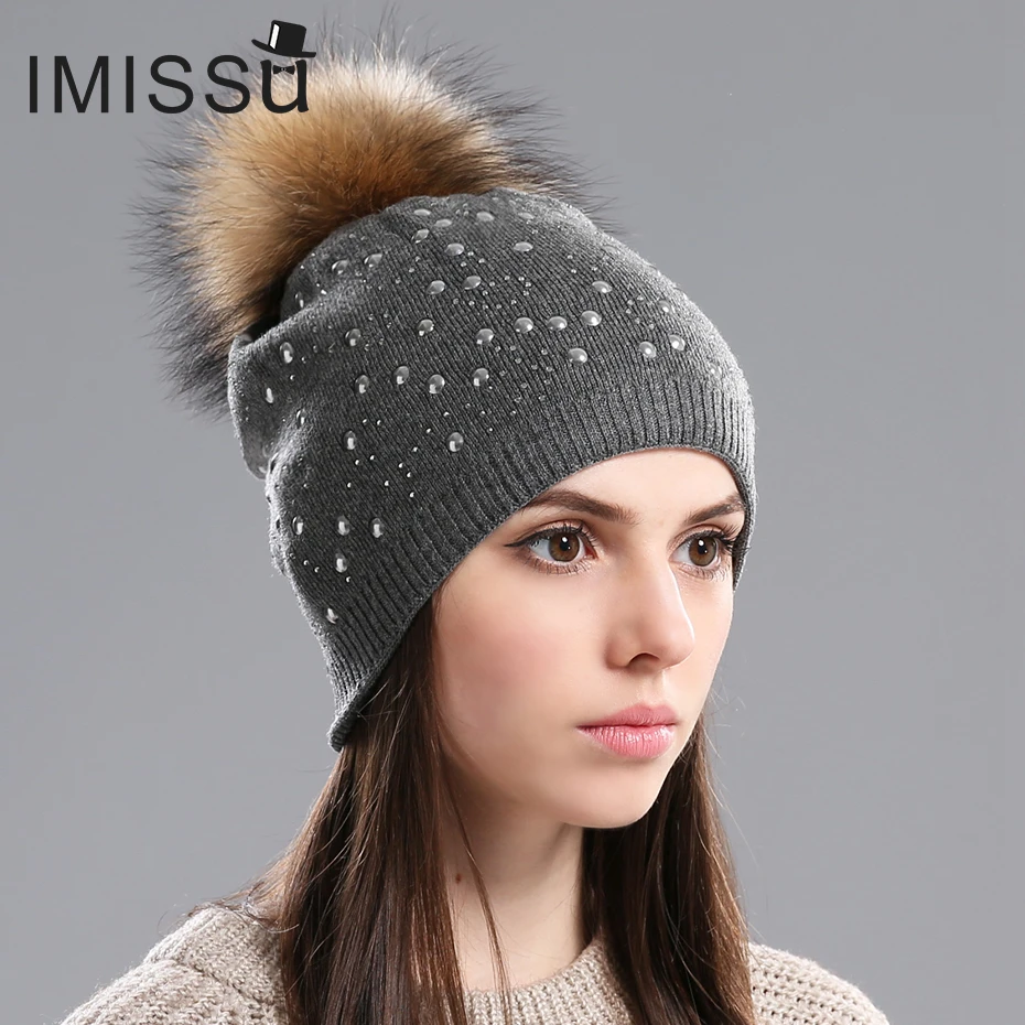 IMISSU женская вязаная шерстяная шапка Skullies осенняя и зимняя с натуральным мехом