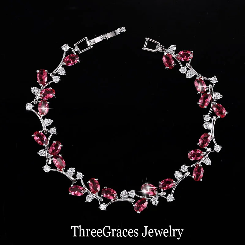 ThreeGraces романтические CZ Ювелирные изделия лист и цветок кубического циркония свадебные браслеты подарок для подружки невесты BR031 - Окраска металла: ruby red