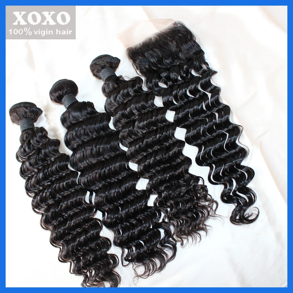 Малайзийские Девственные пучки Волосков глубокая волна с Закрытием