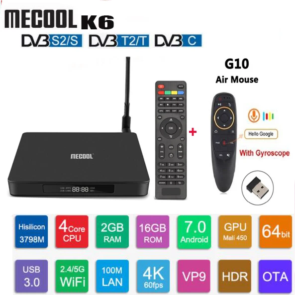 ТВ приставка Mecool K6 DVB T2 S2 C 3D 4K 2 4G/5G WiFi H.265 USB3.0 телеприставка с HiSilicon HI3798 чипсет