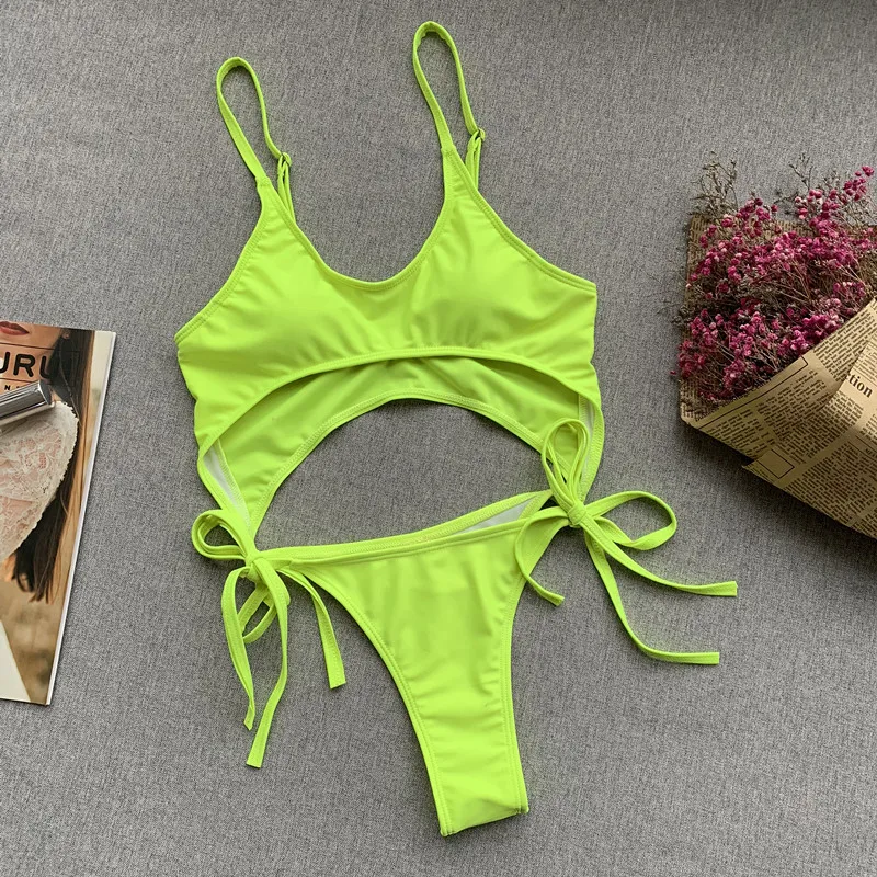 Бикини пуш-ап с глубоким вырезом неоново-зеленого цвета | Женская одежда