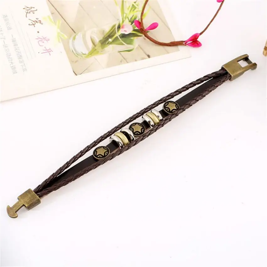 Тройные золотые украшения в виде звездочек Плетеный коричневый кожаный браслет