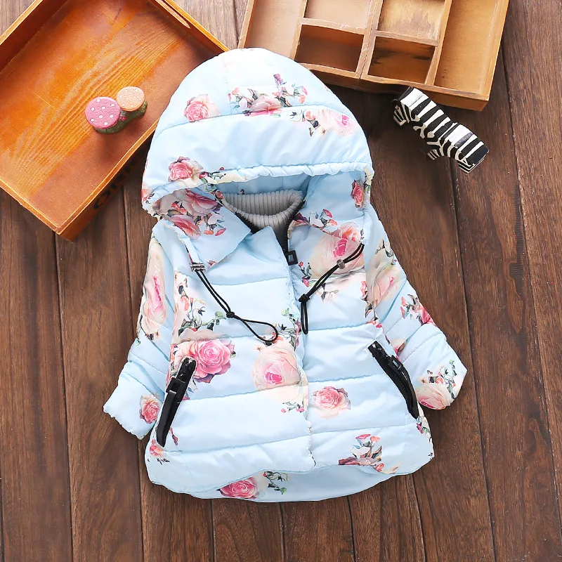 Baby Girls Floral Print Thick Warm Hooded Cotton Down Coats Snow Wear Children's Outerwears Clothes 2017 Winter |