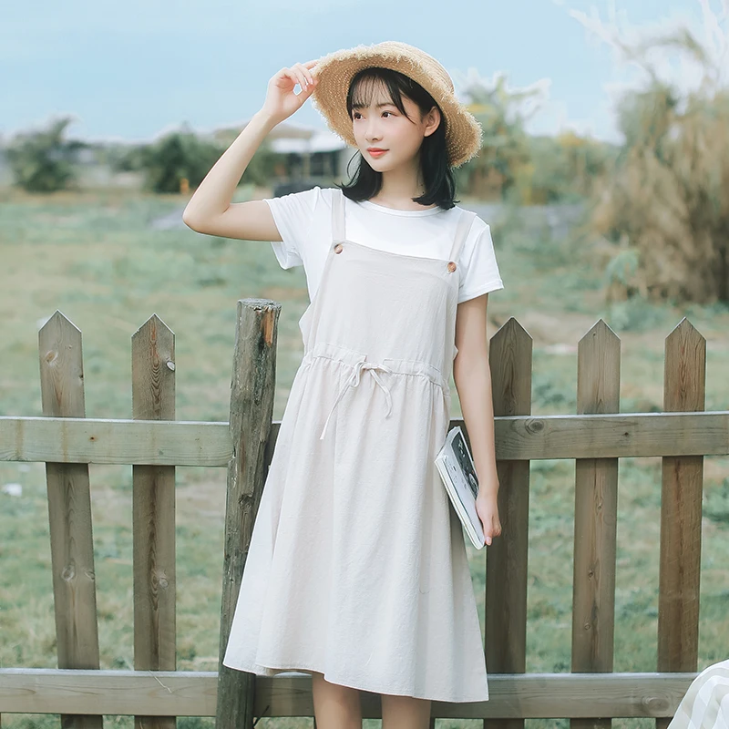 2020 женское платье на бретельках каваи летнее для девочек свободные льняные ремни