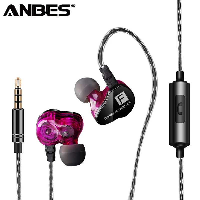 ANBES спортивные наушники двойной блок драйвер вкладыши 3 5 мм HiFi бас гарнитура с