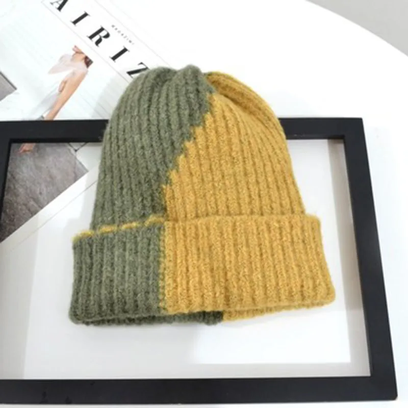Модные двухцветные Лоскутные Шапки для женщин зимние теплые Skullies хлопковые
