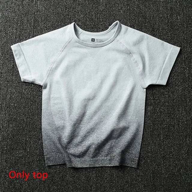 Gray White Top Женский комплект для йоги, одежда для спортзала, топ с коротким рукавом+ Бесшовные Леггинсы с эффектом омбре, спортивный костюм для тренировок, спортивная одежда для фитнеса, одежда для активного отдыха - Цвет: Gray White Top