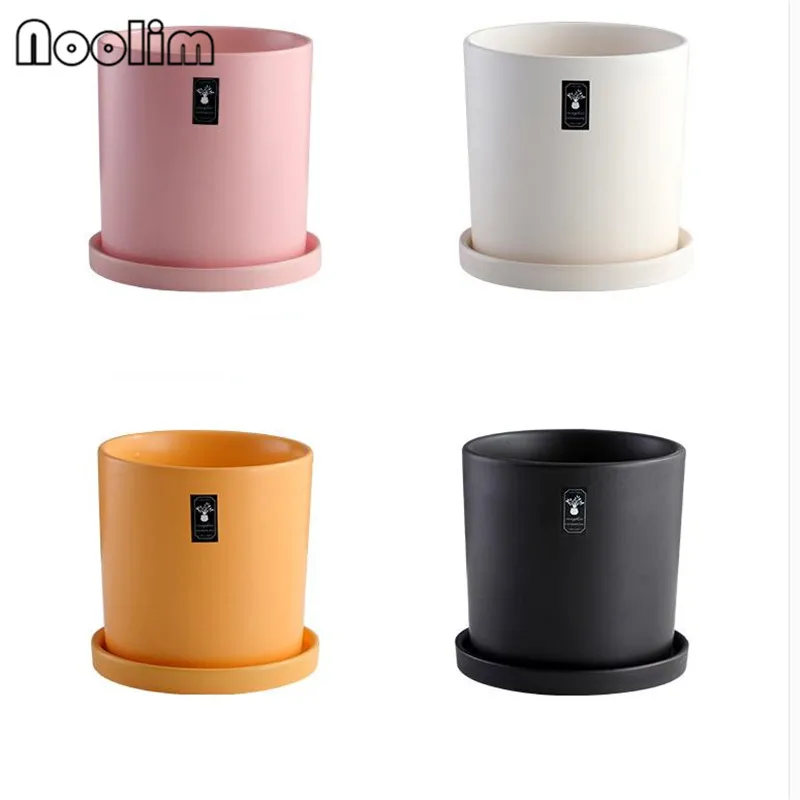 Керамический простой цилиндрический цветочный горшок с подносом фарфоровый