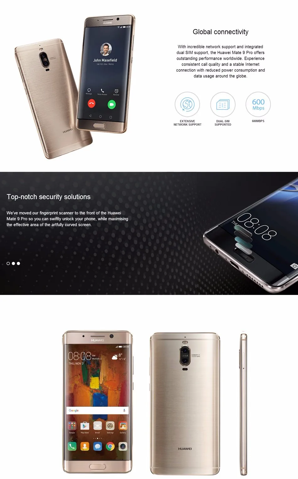 Мобильный телефон HuaWei mate 9 Pro, 4G LTE, Kirin 960, Android 7,0, 5,5 дюймов, 2 K, 2560X1440, 6 ГБ ram, 128 ГБ rom, МП, отпечаток пальца, NFC