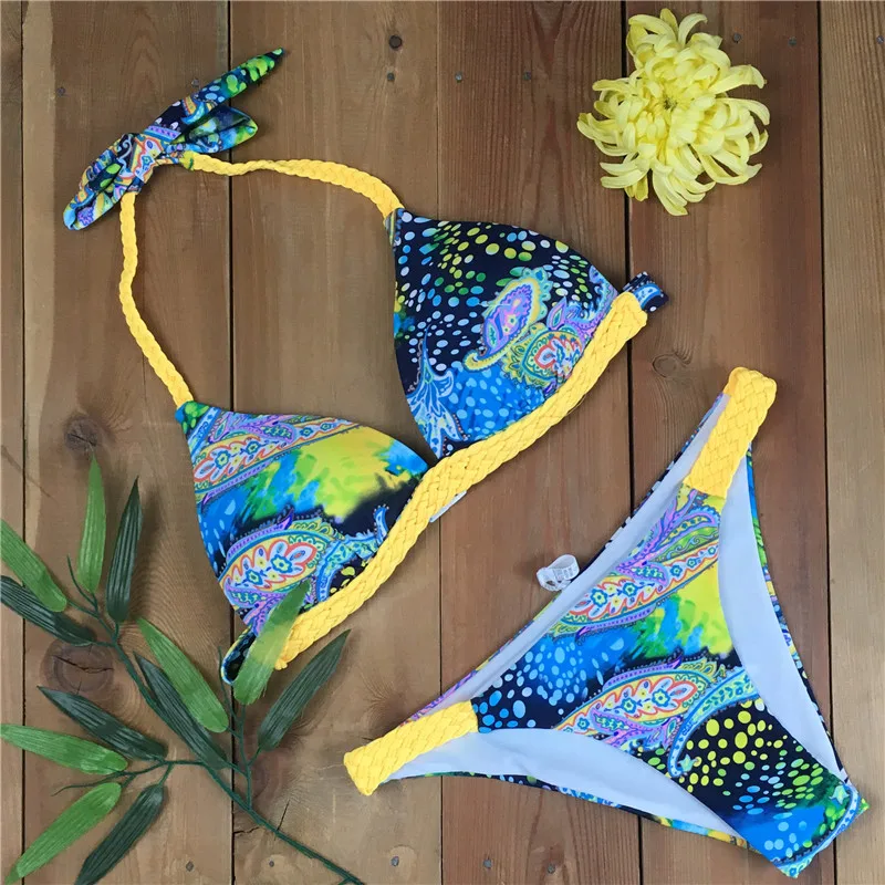2019 Sexy Printed Bikini Cut Swimwear Women LOW Waist Bathing Suits Swim Halter Push Up maillot de bain biquini |