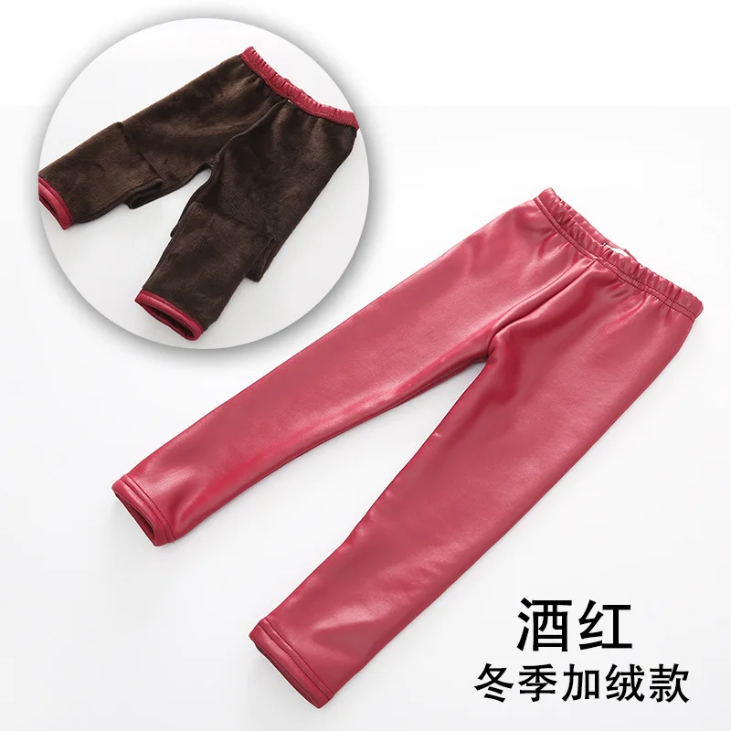 red fleece Новая детская одежда на осень и зиму, детские кожаные леггинсы, утепленные плюшевые штаны для девочек - Цвет: red fleece