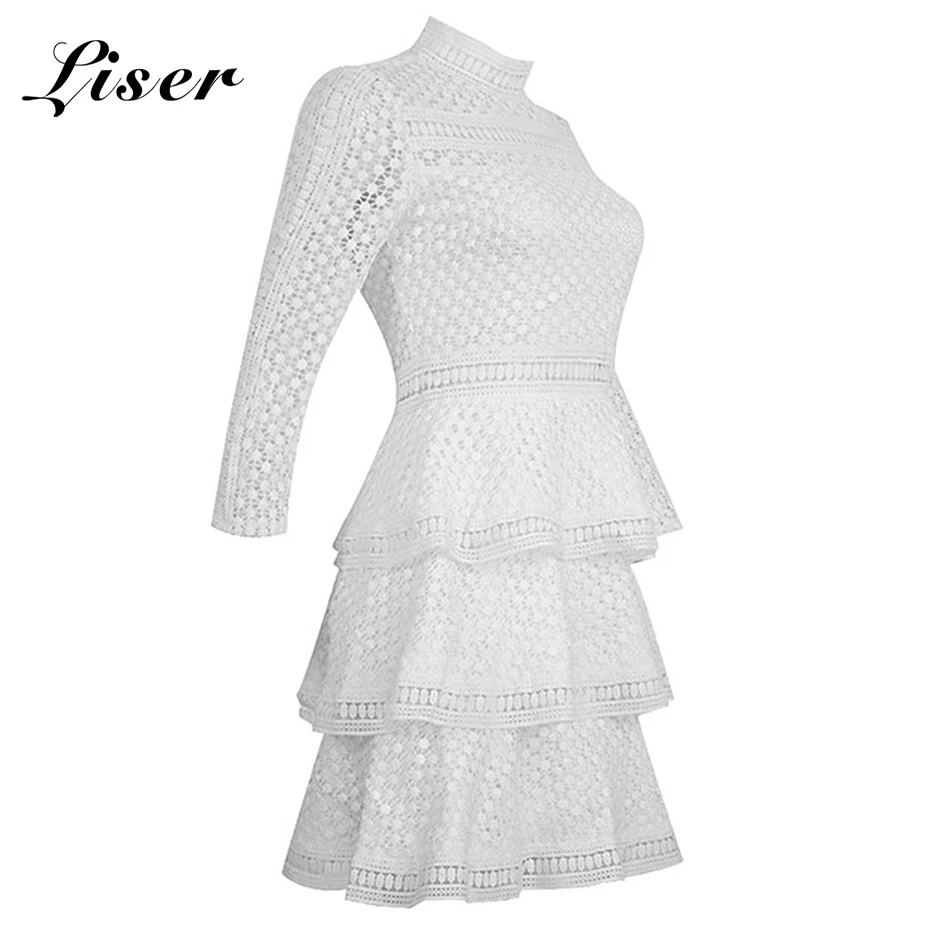 Женское платье с высоким воротом Liser белое Бандажное А силуэта оборками лето