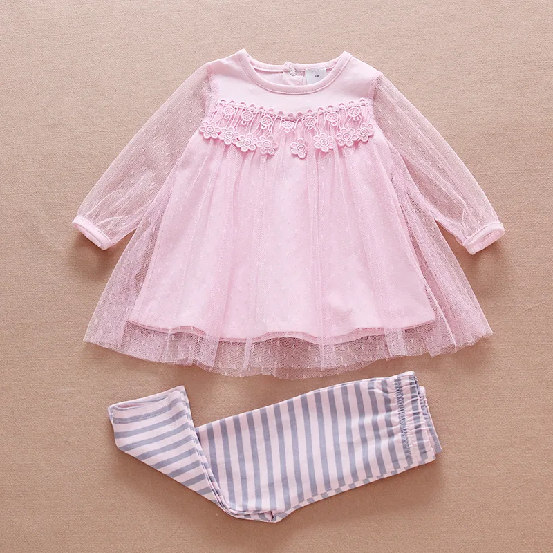 Осенний комплект одежды для девочек розовое кружевное детское платье с длинным