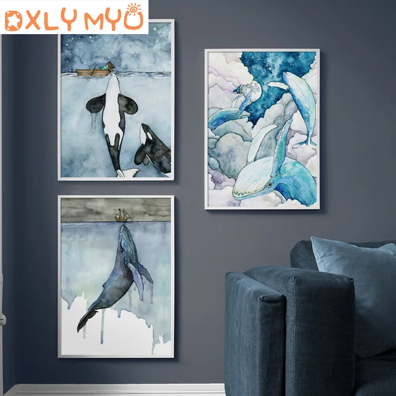 

5D Full Diamond Embroidery Watercolor Whale Shark Hand Drawn Landscape Diamond Painting Nordic Posters DIY Mosaic Crafts