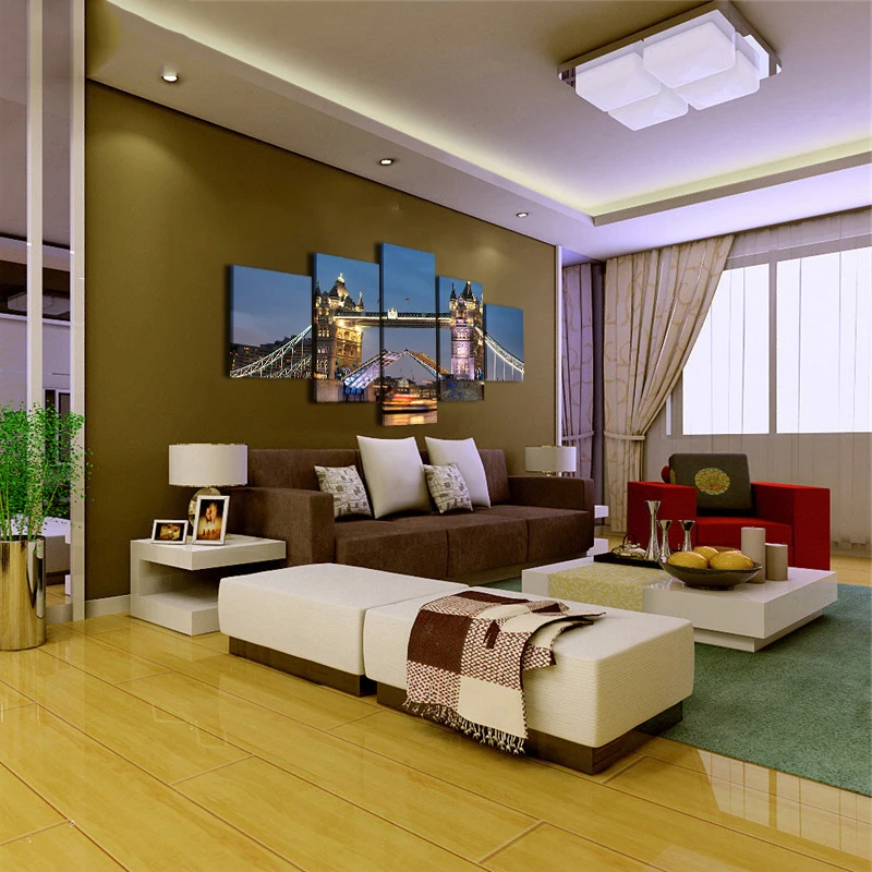 Painting Modern Room Decor Pictures Wall Art Canvas Oil 5 Panel London Tower Bridge Night Landscape Home | Дом и сад