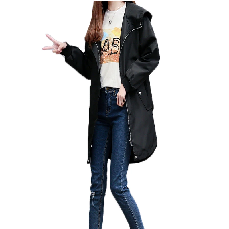 Женский свободный Тренч с капюшоном повседневная однотонная ветровка средней