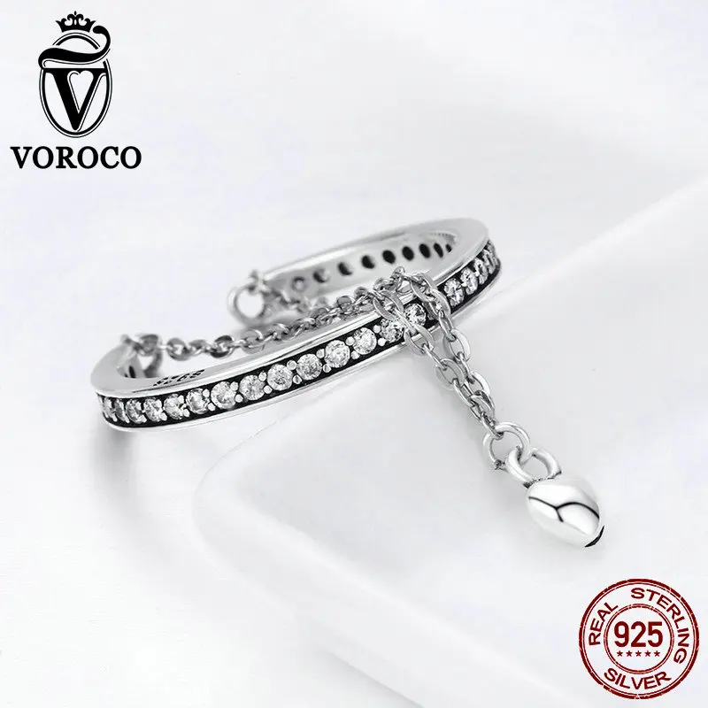 VOROCO 100% 925 пробы серебро Роскошные CZ кольца специальные любимое сердце болтаются