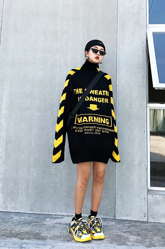 Lovers sweater BF Guochao Street arrow stripes loose oversize knock cool wear high collar knitting on both sides sweaters | Женская