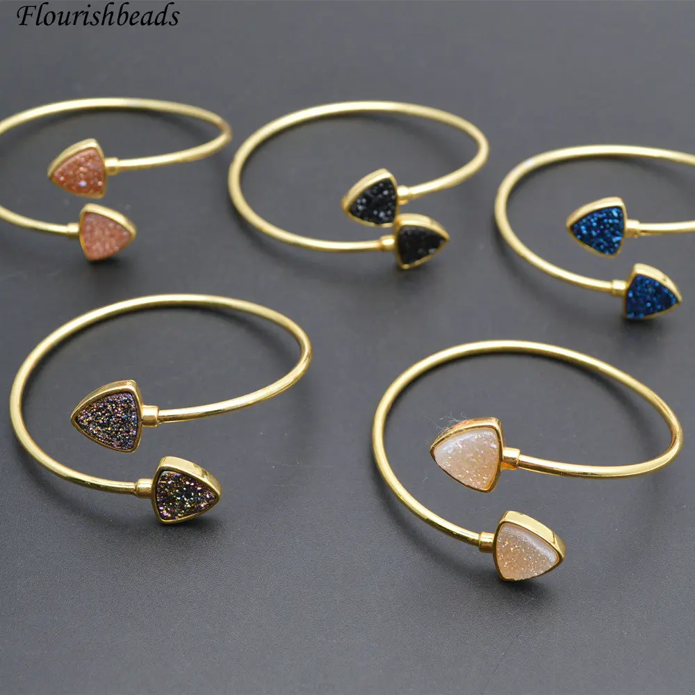 

High Quality Various Color Double Druzy Agate Heart Beads Gold Color Wire Cuff Bangles Fashion Party Jewelry