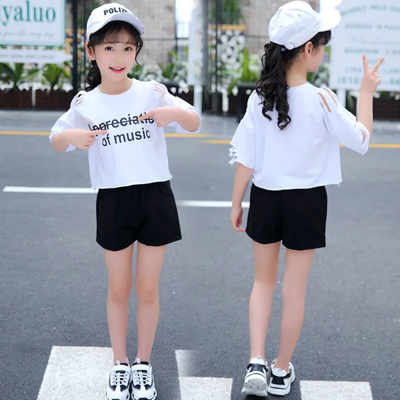 

Summer girl set 2019 children's hole letter printing short-sleeved t-shirt + white shorts two-piece fashion girls clothes