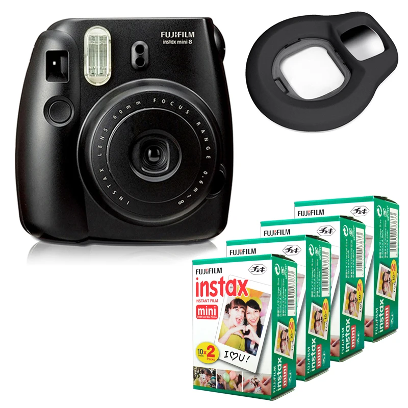 Моментальная Камера Fujifilm Instax Mini 8 черная + белая пленка Fuji Edge 80 объектив крупным
