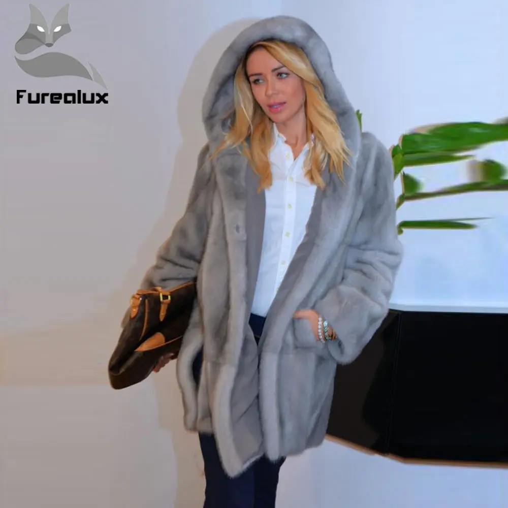 Furealux настоящие норковые шубы женские Роскошные Натуральный Полный Пелт с Капор из норки меховая куртка норковая акция