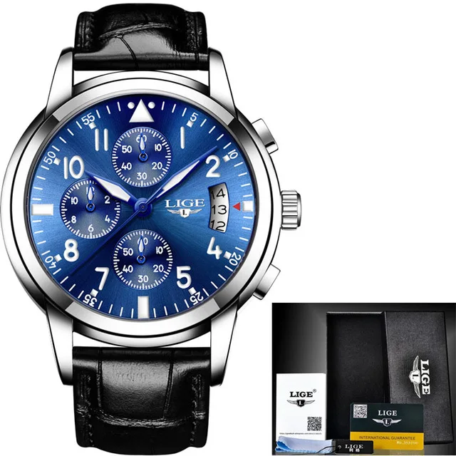 LIGE мужские часы Reloj Hombre Топ бренд класса люкс Модные Бизнес Кварцевые Спортивные полностью стальные водонепроницаемые черные часы Relogio Masculino - Color: Leather blue
