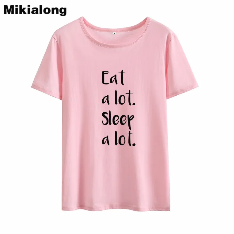Mikialong Eat A Lot Sleep забавная футболка для женщин 2018 черно-белая женская с коротким