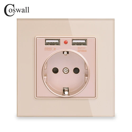 Gold Coswall стеклянная панель двойной USB порт зарядки 2.1A 16A Россия Испания настенная розетка стандарта ЕС с заземлением белый черный золотой серый - Тип: Gold