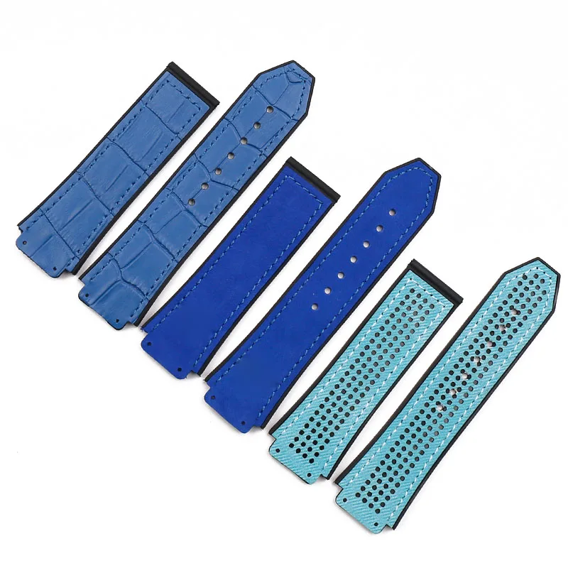 Blue leather strap sports waterproof rubber strap female 19mmx25mm watch accessories for HUBLOT big bang bracelet men watch band