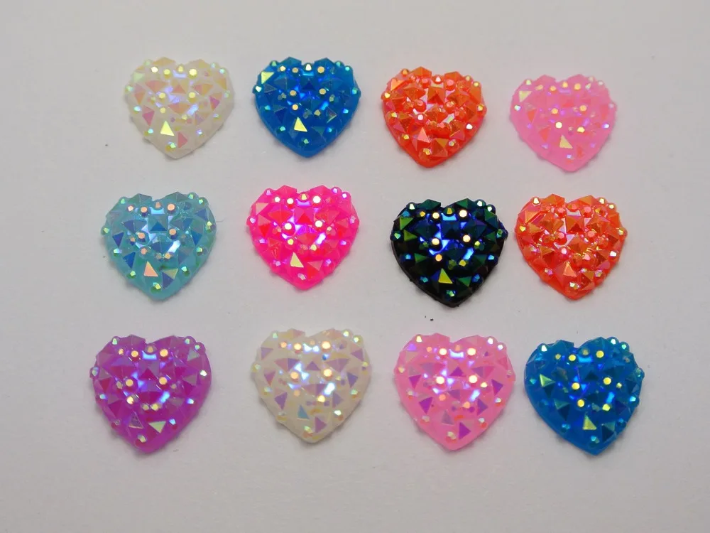

100 Mixed Color Flatback Resin Heart Cabochon Gems Pyramid Dotted Rhinestone 12mm