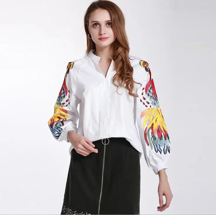 women's spring autumn lantern sleeve casual loose white cotton shirt lady's embroidery blouse TB338