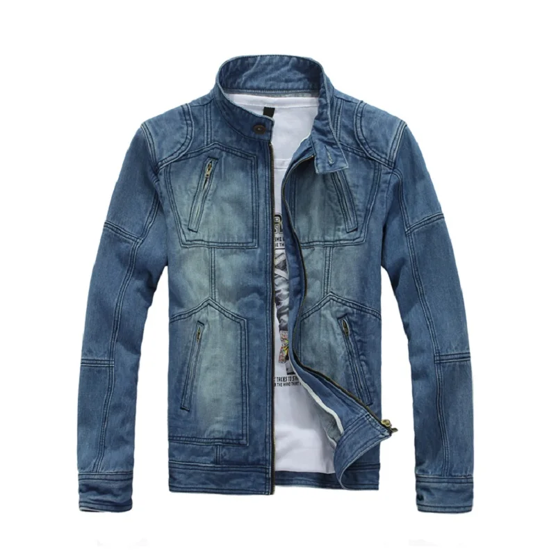 

Джинсовая куртка мужская облегающая с воротником-стойкой, жакет из 100% хлопка, Джинсовая Верхняя одежда, пальто, светло-голубого цвета