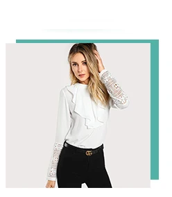 SHEIN Модный Топ С Оборкой И Кружевной Вставкой Женская Весенняя Элегантная Блузка Со Стоячим Воротником И Длинными Рукавами