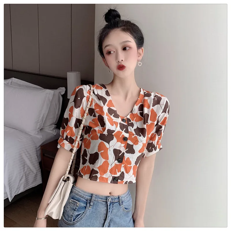 Korean style sweet crop tops v-neck print short sleeve Women's Clothing Blouses Shirts fashion brand high quality aesthetic hot | Женская