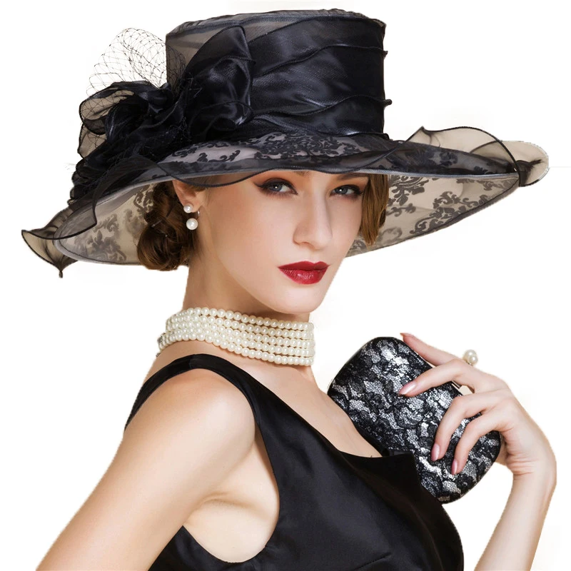 FS винтажные черно-белые шляпы с широкими полями женские из органзы большим