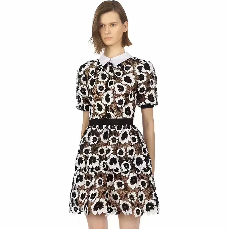 HIGH QUALITY Newest Fashion Designer Runway Dress Women's Short Sleeve Contrast Collar Lace Dress