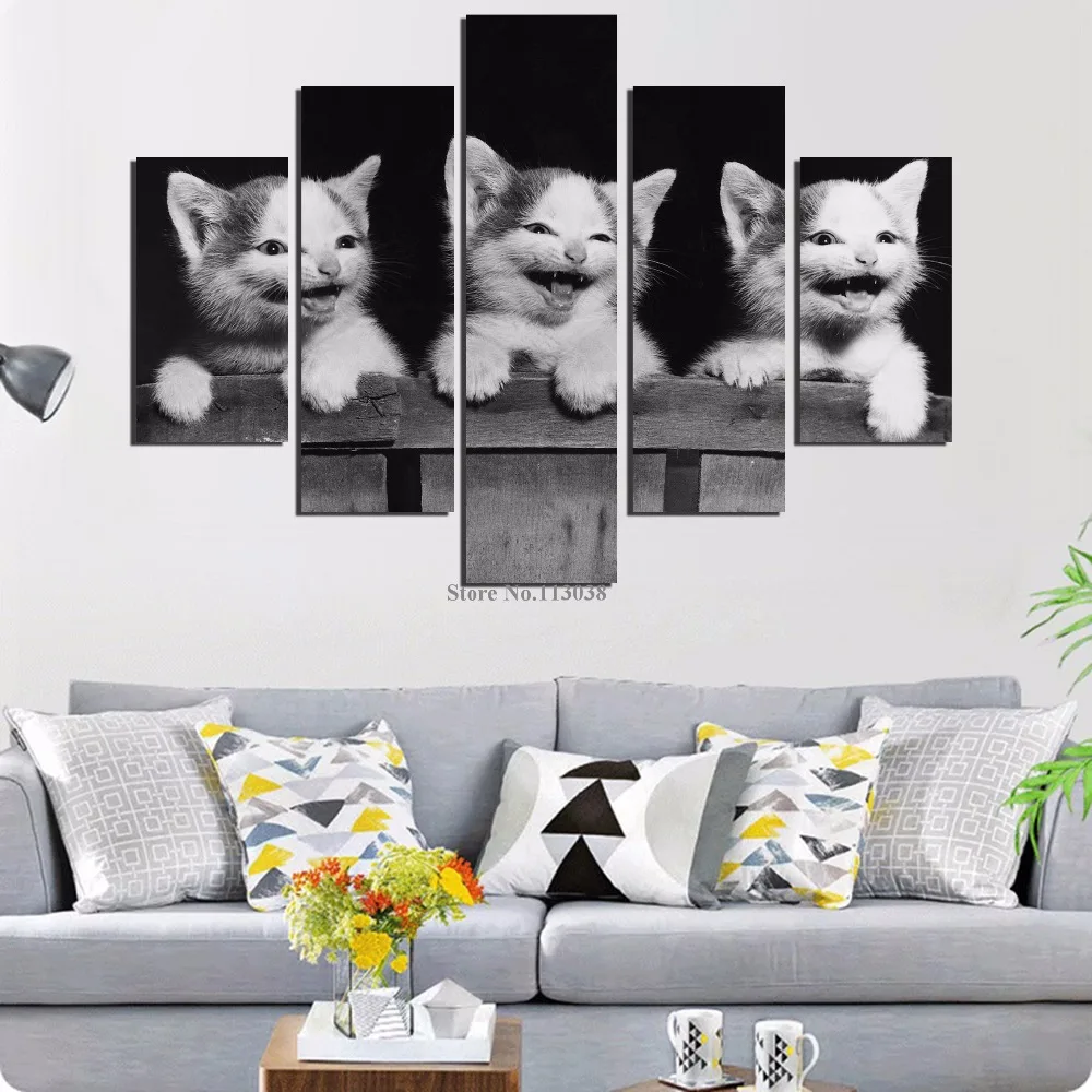 5 шт. Картина на холсте с изображением кошки улыбки|wall art|printed canvasart pictures |