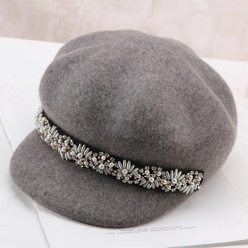Женская шерстяная шапка Fedoras осенне зимняя восьмиугольная с дикими бриллиантами